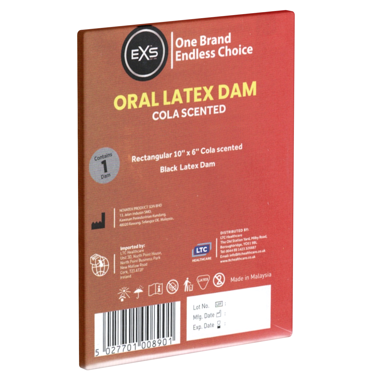 EXS «Cola Scented Oral Latex Dam», 1 Lecktuch aus Latex mit Cola-Aroma