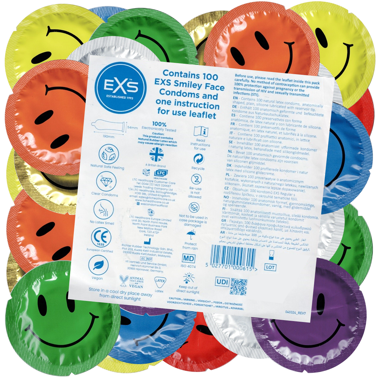 EXS «Smiley Face» 100 happy condoms in circular foils, bulk pack