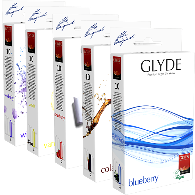 Glyde Condoms «Aroma Mix» 5x10 vegan condoms with mixed flavours, certified with the Vegan Flower