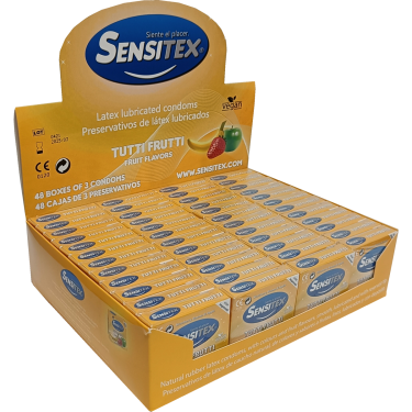 Sensitex «Tutti Frutti» 48 x 3 bunte und vegane Kondome mit Geschmack - aus Spanien, Display